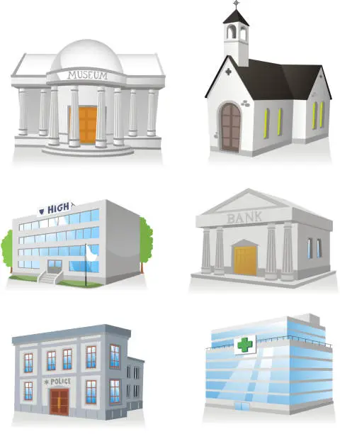 Vector illustration of Public building church hospital police station museum school bank