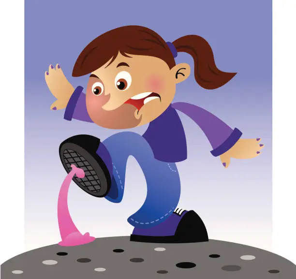 Vector illustration of Girl with gum stuck to her shoe