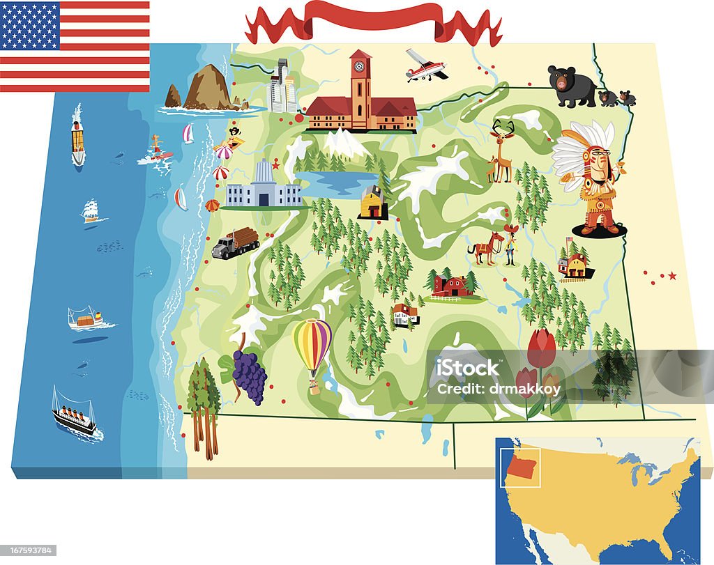 Mappa dei cartoni animati dell'OREGON - arte vettoriale royalty-free di Bandiera degli Stati Uniti