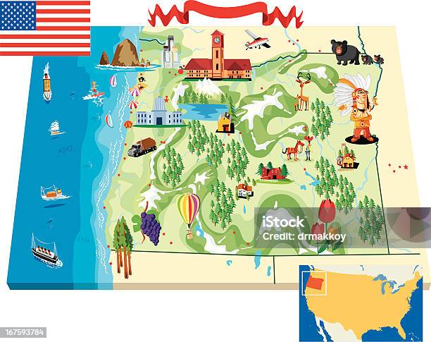 Cartoon Map Of Oregon Stock Illustration - Download Image Now - American Culture, American Flag, Cartoon