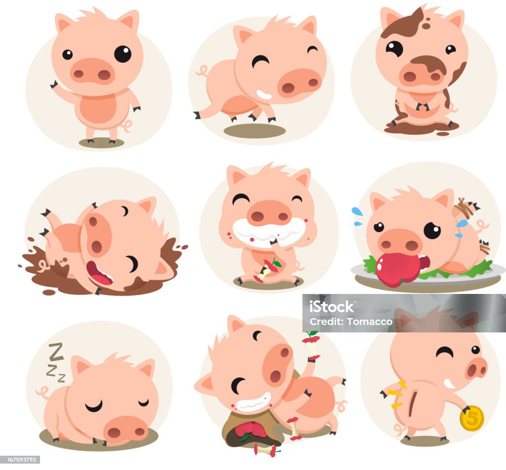 Cute Pig in action set Cute Pig cartoon inaction set, with pigs in different situations like waving, running, stained with mud, pig playing with mud, smiling, pig eating an apple, sleeping pig vector illustration. Front View stock vector
