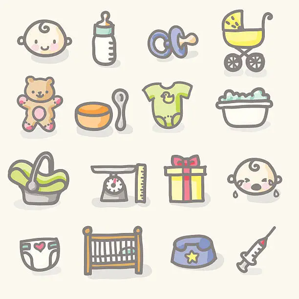 Vector illustration of hand drawn icons: baby care