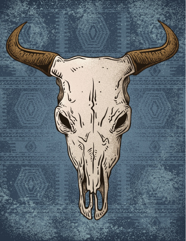 A beast of a steer skull rest on a grungy Southwestern style rug background.