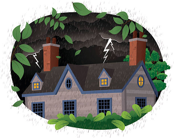ハウスで、嵐の日の夜 - colonial style house residential structure siding点のイラスト素材／クリップアート素材／マンガ素材／アイコン素材