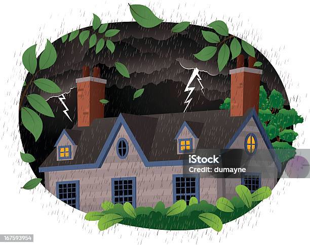 Дом На Грозовая Ночь — стоковая векторная графика и другие изображения на тему Дом - Дом, Буря, Молния