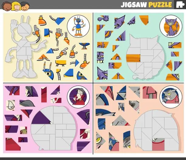 Vector illustration of jigsaw puzzle games set with cartoon fantasy characters