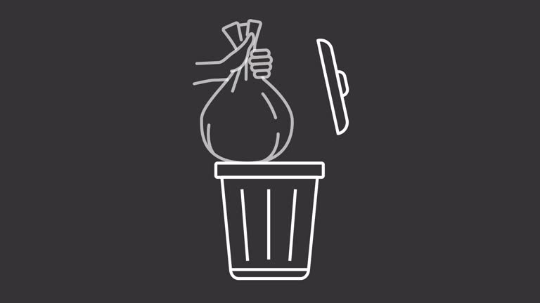 White icon animation of throwing trash in garbage can, HD video with transparent background, seamless loop 4K video representing housekeeping