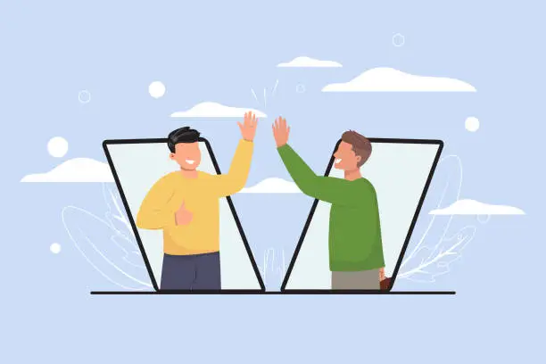 Vector illustration of Two male friends meeting each other online from their cellphones and giving each other high five