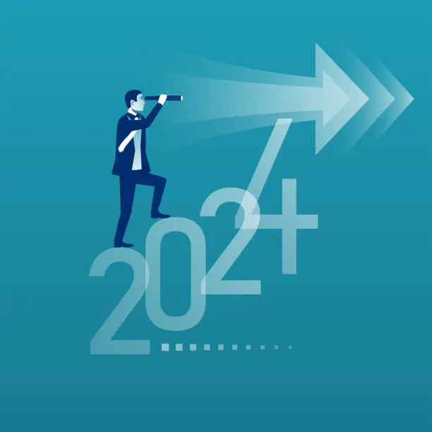 Vector illustration of Look at the next year. Businessman with a telescope looks at the next year 2024.