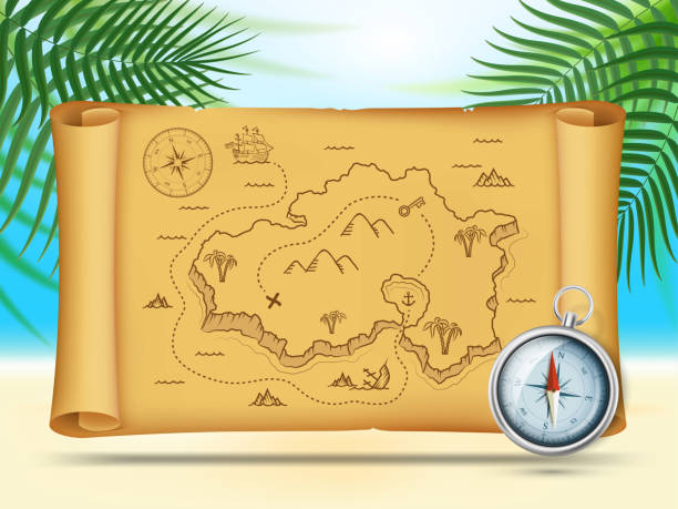 Old pirate map of treasure island on an old scroll. Old pirate map of treasure island on an old scroll. Vector illustration. treasure island map stock illustrations