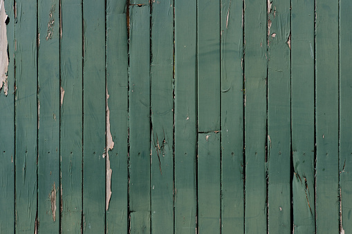 Old wooden fence detail with cracked and peeling green paint.