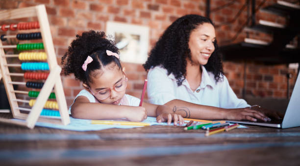 istock Homework, writing and child in home with mom, learning and ideas for project. Young girl, problem solving and mother working at a house with student education and drawing notes at table for school 1675968274