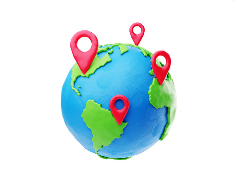 3d plasticine cartoon planet Earth with red pointer isolated on white background. World traveling or GPS navigation concept. 3d render