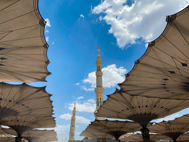 Giant Umbrellas at the Nabawi Mosque, Medina Saudi Arabia stock photo