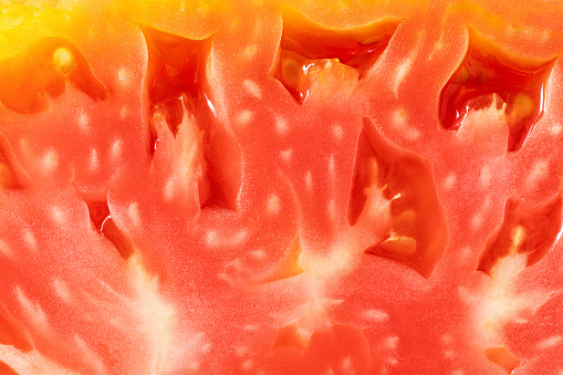 Fresh tomato half cut macro closeup texture detail mediterranean food full frame