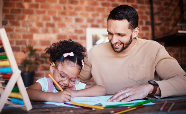 istock Happy, father and girl with homework, help and conversation with education, advice and learning. Family, male parent or female child writing in a lounge, notebook and knowledge with support or growth 1675976884