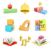 3d-rendering-buch-mit-apfel-glocke-podiu