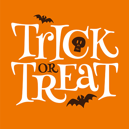 Trick or treat. Happy Halloween poster, greeting card, print or banner with hand drawn lettering, bat and skull.
Stock illustration