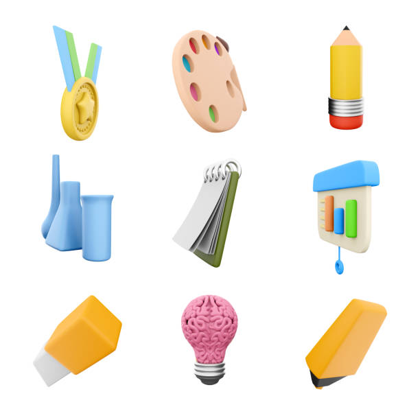3d rendering golden medal, chemical flasks, pencil, eraser, bulb with brain, yellow marker, presentation board, notebook and palatte with brush icon set. 3d render education concept icon set. medalla de oro de renderizado 3d, frascos químicos, lápiz, borrador, bombilla con cerebro, marcador amarillo, tablero de presentación, cuaderno y palato con conjunto de iconos de pincel. conjunto de iconos de concepto de educación de renderizado 3d