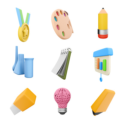 3d rendering golden medal, chemical flasks, pencil, eraser, bulb with brain, yellow marker, presentation board, notebook and palatte with brush icon set. 3d render education concept icon set.
