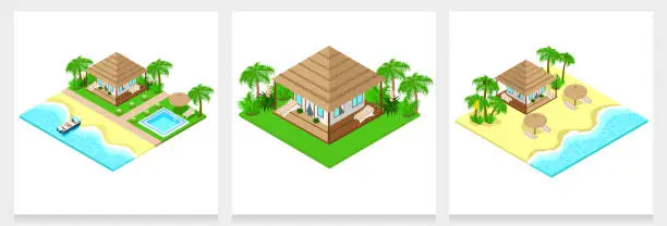 Vector illustration of Set of isometric bungalows on the beach and in the tropics