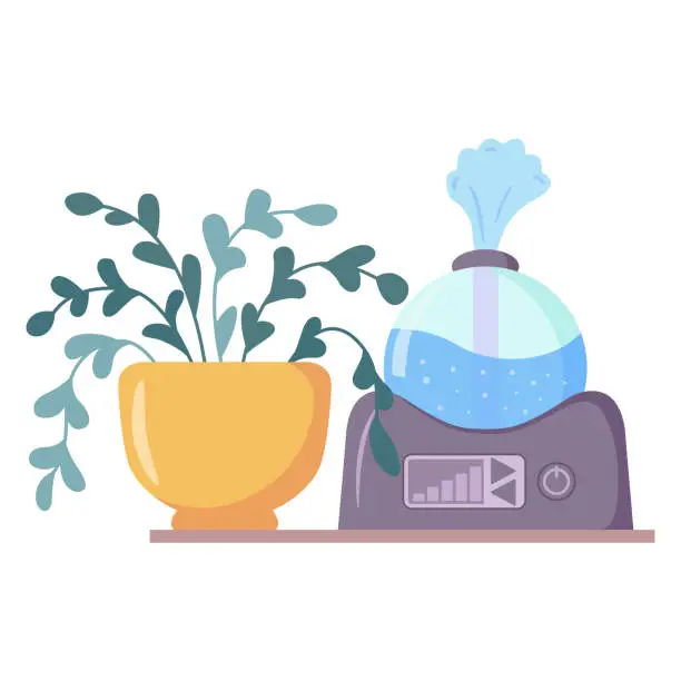Vector illustration of Humidifier distributes steam for home.Plant for interior decor of home.