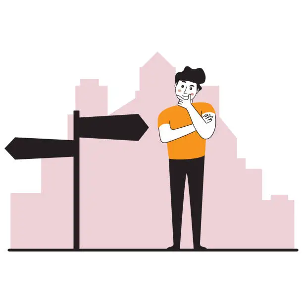 Vector illustration of Tourist with guidepost.Man looking at signpost.Old fashioned navigation.