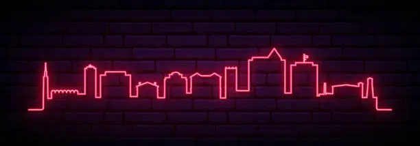 Vector illustration of Red neon skyline of Huntsville. Bright Huntsville, AL long banner. Vector illustration.