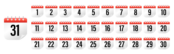 Calendar icons collection 1, 2, 3, 4, 5, 6, 7, 8, 9, 10, 11, 12, 13, 14, 15, 16, 17, 18, 19, 20, 21, 22, 23, 24, 25, 26, 27, 28, 29, 30. All days of yea. Vector illustration