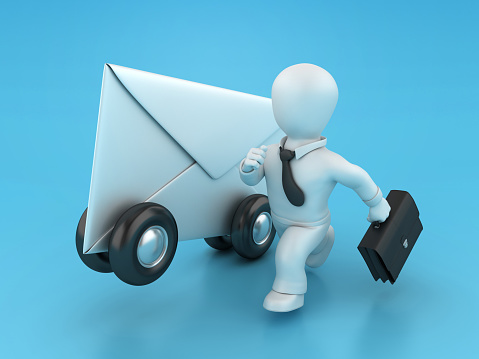 3D Envelope with Wheels and Business Character Running - Color Background - 3D Rendering
