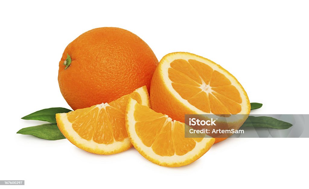 Ripe oranges and two slices with green leaves (isolated) Ripe oranges and two slices with green leaves isolated on white background Circle Stock Photo