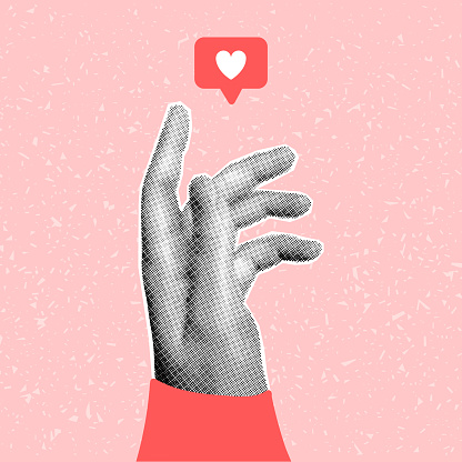 Halftone collage hands banner, palm reaching for like. Retro pop art magazine cut element on pink textured background, social media.