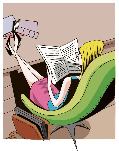 Vector illustration of businesswoman with feet on desk reading report