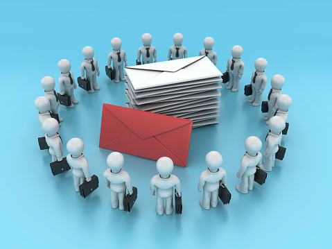 3D Envelopes with Business Character Teamwork - Color Background - 3D Rendering