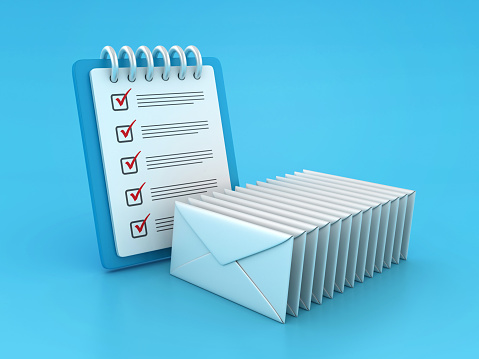 3D Envelopes with Clipboard Check List - Color Background - 3D Rendering