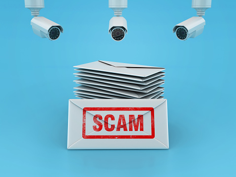3D Scam Envelopes with Security Camera - Color Background - 3D Rendering