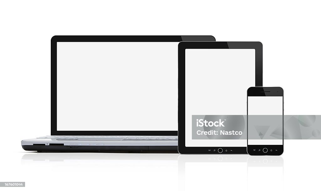 Set of blank modern mobile devices with clipping path Blank modern laptop, digital tablet and smart phone, set of mobile devices isolated on white background with clipping path for the screens Laptop Stock Photo