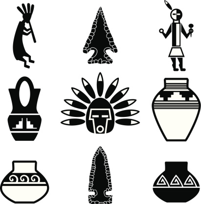 Vector illustration of artifacts from Native American cultures of the southwestern U.S. Could be used as icons or logo elements. Each object is grouped and saved on its' own layer.