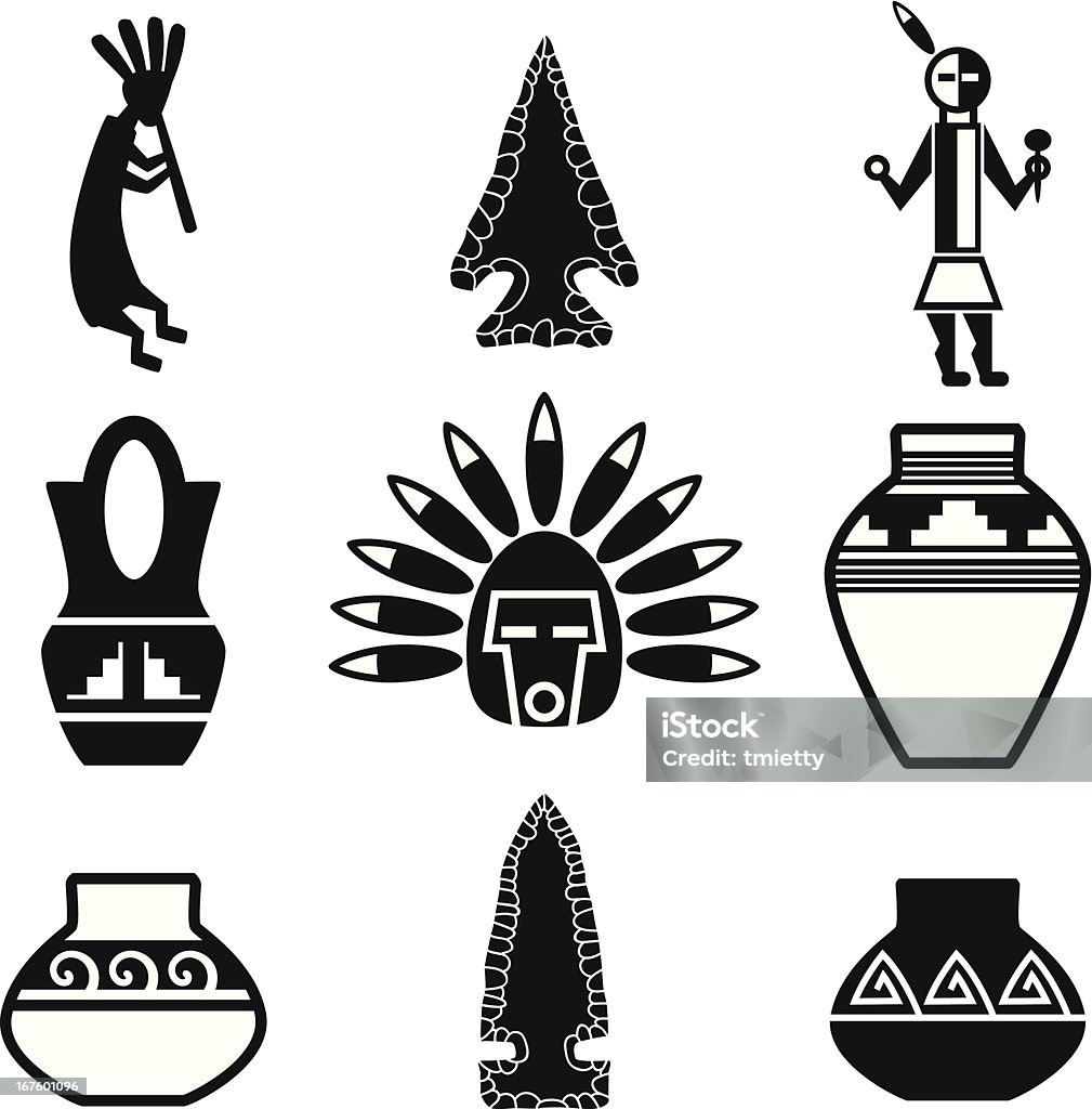 Southwest Native American Artifacts Vector illustration of artifacts from Native American cultures of the southwestern U.S. Could be used as icons or logo elements. Each object is grouped and saved on its' own layer. Indigenous North American Culture stock vector