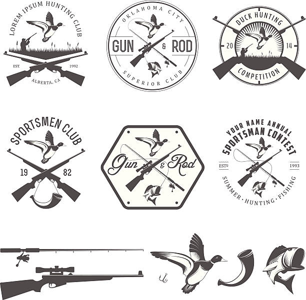 illustrazioni stock, clip art, cartoni animati e icone di tendenza di set di vintage caccia e pesca di elementi di design - mergini