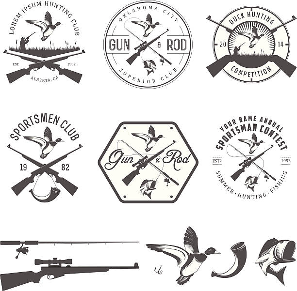 set of vintage hunting and fishing design elements - ördek su kuşu stock illustrations