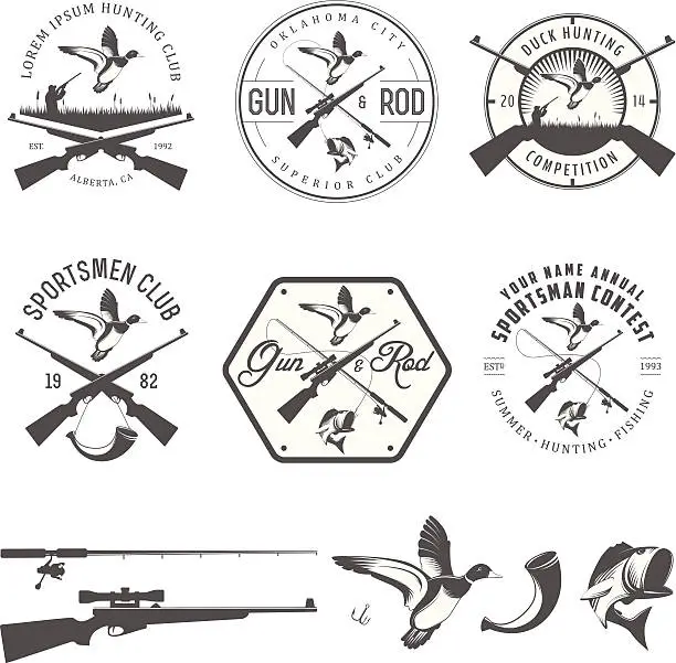 Vector illustration of Set of vintage hunting and fishing design elements