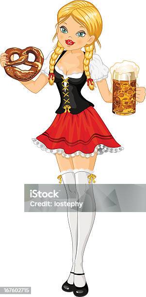 Kobieta Oktoberfest Piwa I Precel - Stockowe grafiki wektorowe i więcej obrazów Hotel - Hotel, Zajazd, Alkohol - napój