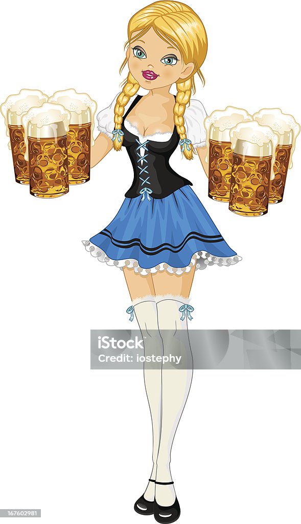 Beer Fest woman Waitress Bavaria wit beer mugs decorated-eps 10 Beer - Alcohol stock vector