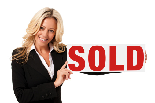 Real Estate Agent Businesswoman with Sold Sign Isolated on White Background
