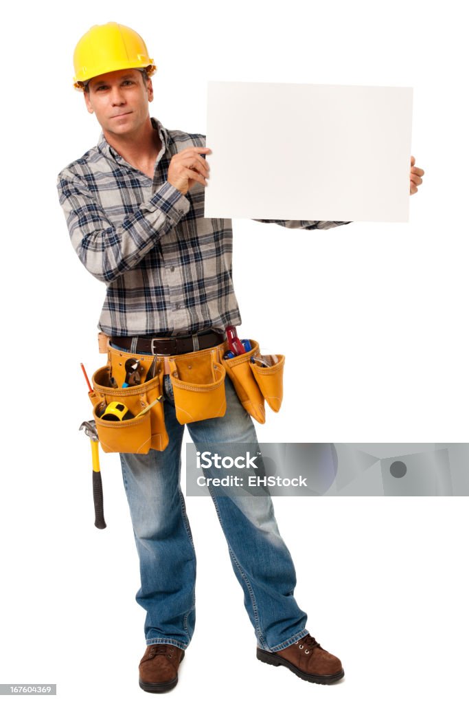 Construcción contratista Carpenter con cartel en blanco aislado sobre fondo blanco - Foto de stock de Agarrar libre de derechos