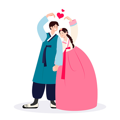 Couple in Hanbok costume making heart hands pose vector illustration