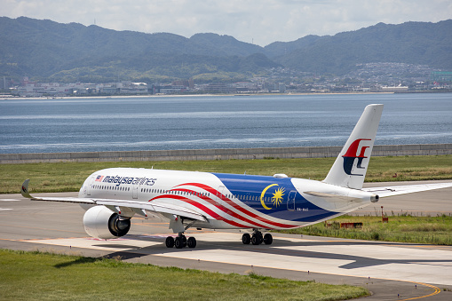 Osaka, Japan - September 1, 2023 : Malaysia Airlines Airbus A350 at Kansai International Airport in Japan.
