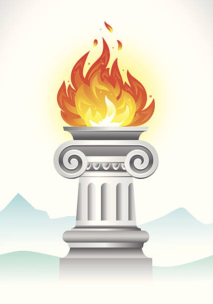 ilustrações de stock, clip art, desenhos animados e ícones de jónico coluna com fogo olímpicos - flaming torch fire flame sport torch