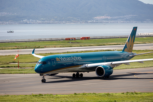 Osaka, Japan - September 1, 2023 : Vietnam Airlines Airbus A350 at Kansai International Airport in Japan.